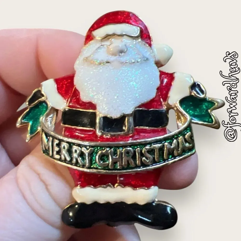 Vintage Santa Merry Christmas Metal & Enamel Brooch